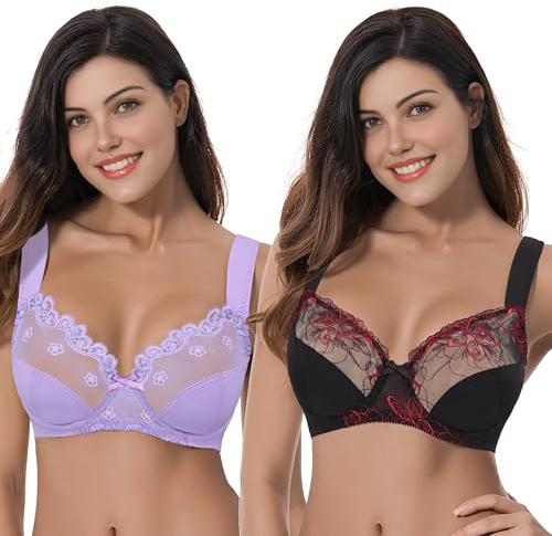 Curve Muse Reggiseno con Ferretto Minimizer da Donna Taglie Forti con Ricamo in Pizzo-Confezione da 2-Black,Lavender-5F