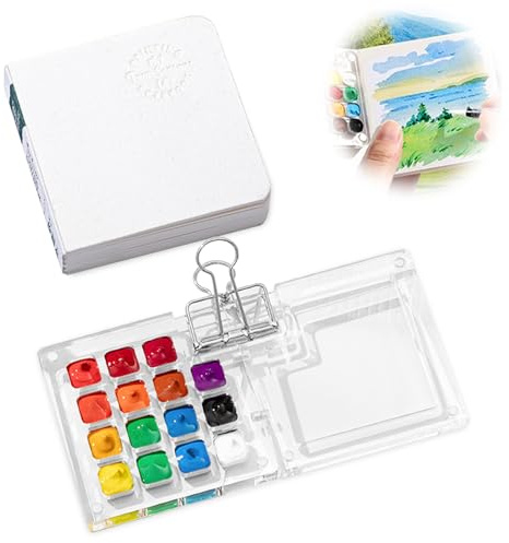 Paleta de Acuarela Portátil, 15 Cuadrículas Paleta de Pintura de Viaje Mini Juego de Pintura de AcuarelaCaja de Pintura Acrílica Juego de Viaje con Papel Acuarela Diario Y Clip