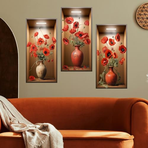 3D Green Plants Wall Sticker,3pcs 3D Vases Flower Wall Stickers Decals for Living Room Bedroom Kitchen Decor,3D Red Flower Stickers