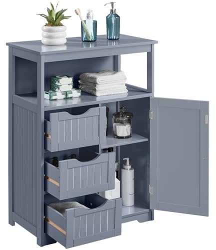 Yaheetech Armario Baño con Cajón y Estante Ajustable 66x35x90 cm Mueble Baño de Madera Suelo Mueble Auxiliar de Cocina Armario Multiusos con Puertas Dobles para Salón Entrada Gris