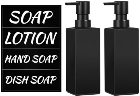 Dispensador de jabón negro, paquete de 2 unidades, diseño cuadrado elegante, antideslizante y de plástico resistente, 350 ml de gran volumen para baño, cocina, hogar y suministros de hotel