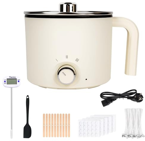 Olla fundidora eléctrica de cera 1.8L, derretidor de cera eléctrico para hacer velas y jabón, juego de bricolaje de velas con olla de fusión de cera, termómetro, 100 mechas para velas, Blanco