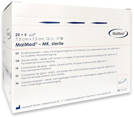 Sterile Kompressen 7,5x7,5 cm – 100 Stück Mullkompressen 12-lagig, fusselfrei – Mulltupfer steril & Wundauflagen nicht haftend für Verband & Pflege