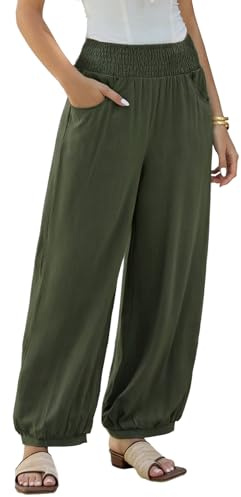 ZANZEA Womens Wide Leg Linen Trousers Summer Elasticated High Waist Casual Lounge Pants with Pockets 2026 Beach Vacation Outfits Olive Green XXL