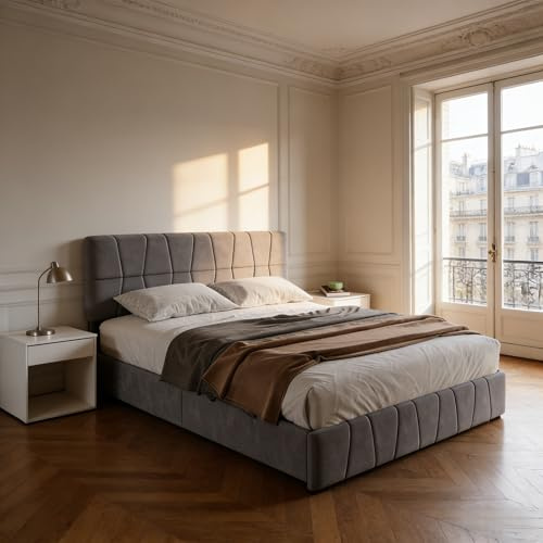 Lit Double 160x200 avec Sommier et 4 Tiroirs de Rangement, Cadre de Lit Rembourré en Velours avec Tête de Lit Réglable en Hauteur, Structure en Acier Robuste, Design Moderne pour Adulte, Gris