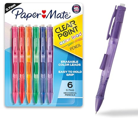 Paper Mate Clearpoint Mechanical Pencils, 0.7mm Color Lead, Erasable, Refillable, 6 Count - Vibrant Colors, Comfortable Grip, Fun Office Supplies