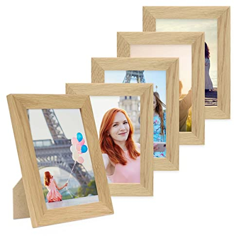 PHOTOLINI Bilderrahmen 13x18 Holz Eiche, 5er Set breite Bilderrahmen 18x13, Fotorahmen 13 x 18 Holz mit Acrylglas, Picture Frame 18x13 zum Aufhängen & Aufstellen, Bilder Rahmen 13x18 für Fotos