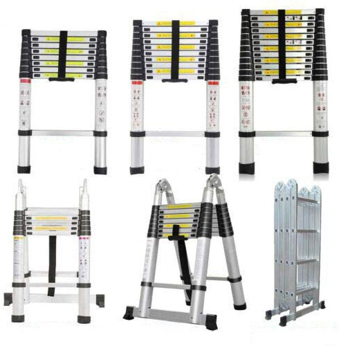 Escalera telescópica de 5 m (2,5 + 2,5 m) con marco en A, escalera extensible y portátil con bisagras de hasta 150 kg de capacidad de carga con pies de goma antideslizantes, compacto y resistente,