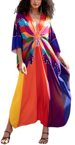 L-Peach Women's Bohemian Kaftan Roomy Nightgown Long Loungewear Beach Dress Cover-ups Robe Sarong Pareo