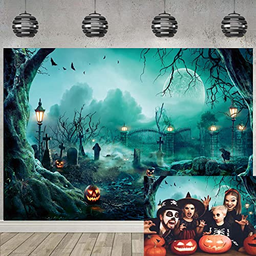 7x5ft Halloween Photographie Toile de Fond Effrayant Cimetière Entrée Fond Halloween Cool Citrouille Chauve-Souris Lune Nuit Maison Hantée Horreur Décorations De Fête