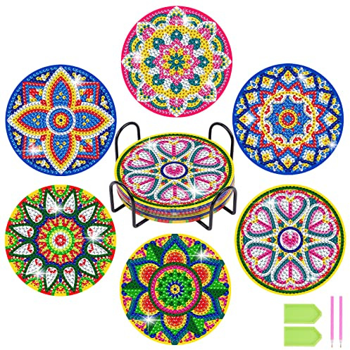 AUAUY 6 Sottobicchieri per Pittura a Diamante con Supporto, DIY Sottobicchiere Mandala, Kit di Pittura con Diamanti, Sottobicchieri Antiscivolo con Supporto in Sughero per Principianti, Adulti Bambini
