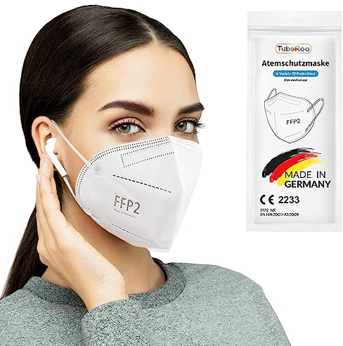 TubeRoo FFP2 Maske 5 Stück Masken, Made in Germany, Versand aus Deutschland, weiche runde Ohrschlaufen Bänder, Atemschutzmaske, Mundschutz, Staubmaske, Feinstaub, Feinstaubmaske, Staubschutzmaske