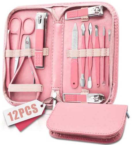 12 Pezzi Tagliaunghie Set, Set Pedicure Professionale Piedi, Kit Unghie Pedicure Professionale, Manicure Set Donna Uomo, Attrezzo per la Cura delle Unghie con pelle Rosa da Viaggio