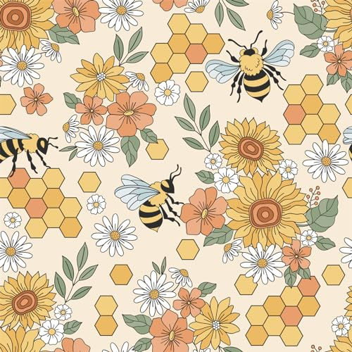 AUCOOMA Boho Peel and Stick Wallpaper Beehive Honeybee Large Yellow Flowers Removable Decor Wallpaper 17.7 x 118.1 Inches