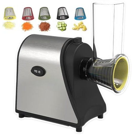 pedenencelia Râpe À Fromage Électrique, avec 5 Lames, Matériau en Acier Inoxydable, Conception Détachable, Hachoir À Légumes Automatique en Acier Inoxydable 250 W, pour La Cuisine À Domicile