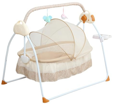 jiumxliu Elektrische Babywiege Elektrische Babybett 5 Gang Babybett Zusammenklappbare Babywippen mit Matratze Moskitonetz Wiege Timing-Funktion Khaki
