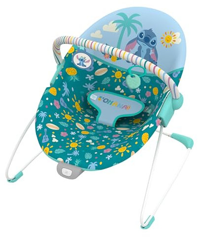 Bright Starts Disney Stitch Ohana Paradise Vibrierende Baby-Wippe, Abnehmbarer Spielbogen, 2 Spielzeuge enthalten, für 0-6 Monate
