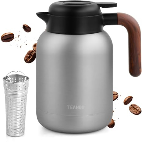 Focenat Thermoskanne 1,5L mit Siebeinsatz, Doppelwandingem 316 Edelstahl, 24h Heiß Kaffeekanne, Kaffee & Teekanne, Isolierkanne Tee, kein Leck, kein Tropfen