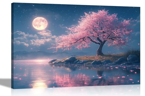 Artley Prints - Lake Mountain Pink Tree Full Moon Canvas Prints Landscape Wall Art for Living Room Hallway Bedroom Home Office Large 86 x 61cm (34 x 24 inches) A1