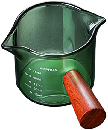 RMWHGDUL Bicchiere da Espresso Bicchiere da Misurazione con Manico in Legno Bicchiere con Doppio Beccuccio in Vetro Trasparente Accessorio Versatile Adatto