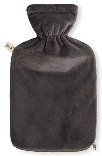 Premium Wärmflasche 2 Liter mit hochwertigem Supersoft Korean Fleece Bezug mit Reißverschluss und extra Fütterung - (grau)