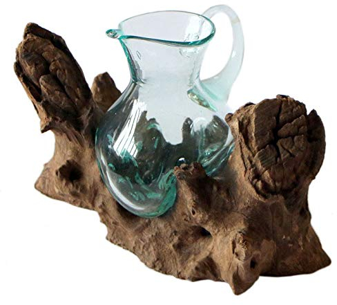 Wogeka - Wurzelholz Glas Kanne - Vase auf Wurzel Holz, Handarbeit als Geschenk-Idee zur Deko, Teakholz Glas-Krug M