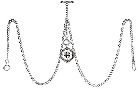 TREEWETO Men's Double Albert Chain Pocket Watch Curb Link Key Chain 3 Hooks with Antique Compass Silver Pendant Design Charm Fob T Bar