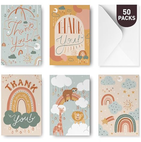 Rileys Baby Shower Thank You Cards with Envelopes, 50 Pack, Baby Thank You Cards for Gifts, Hand-Illustrated 5 Designs Boy, Girl and Neutral, Bulk Variety Pack (Nature)