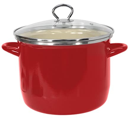 Vasconia EOS 8-Quart Stockpot with Glass Lid (Red) Soup Pot for All Ranges, Dishwasher & Oven Safe up to 350°F - Non-Reactive Enameled Interior Pot for Gumbo, Stew, Boil, Pasta, Chili