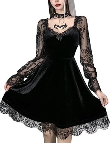 Grufti-Kleid für Damen, Lolita-Kleid mit Spitze, Langarm, schwarz, Retro, Punk, Puffärmel, A-Linie, ausgestellt, kurzes Kleid, F-schwarz, Medium