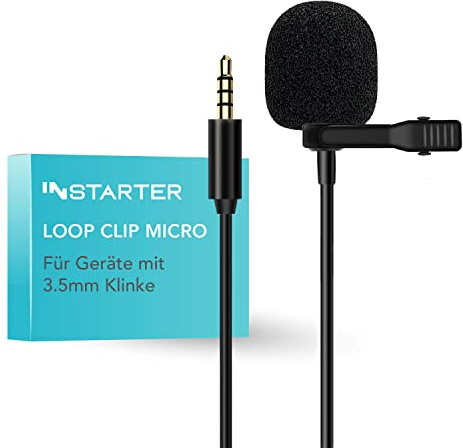 Instarter lavalier clip-on-mikrofon med 3,5 mm jackanslutning (6 m kabel), vindskydd & väska I klart ljud I för kamera, smartphone, surfplatta, PC I 360 graders ljudupptagning I med klämma