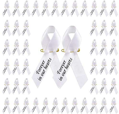 CRAFFANCY 100 Pcs White Ribbon Pins, Memorial Ribbon in Forever in Our Hearts Ribbons for Funeral Event Bereavement Remembrance Service