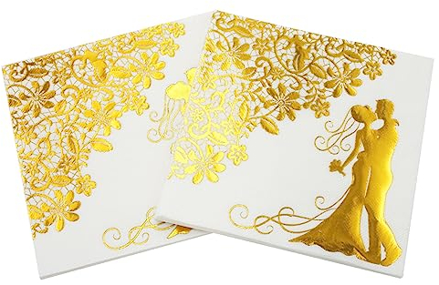 60 Stück Hochzeitsservietten, Golden Foiled Papierservietten Paper Napkins für Party Deko, 33 x 33cm 3-lagig Golden Papierservietten Paper für Hochzeit Verlobung Tischdeko Brautsegen Party Zubehör