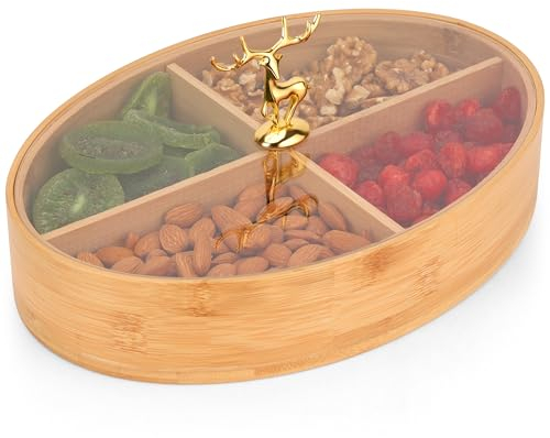 BELLE VOUS Runde Aufbewahrungsbox Holz mit 4 Fächern & Deckel - 29 cm - Dekorative Mehrzweck-Teebox Holz Aufbewahrung für Andenken, Schmuck, Bastelbedarf & Teebeutel Aufbewahrung