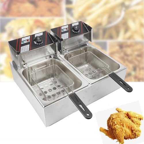 Dubbelfritös i rostfritt stål, 220 V fritös elektrisk fritös, 60–200 °C rostfritt stål gastrofritös, med 2 x rostfria korgar, för pommes eller snacks
