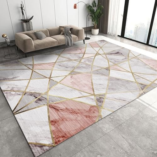 Nordic Modern Pink and White Marble Area Rug, Boho Creative Rose Gold Geometric Large Kids Rugs, Machine Washable Breathable Durable Carpet for Room Sofa Living Room Mat Bedroom Decor,150 x 200 cm
