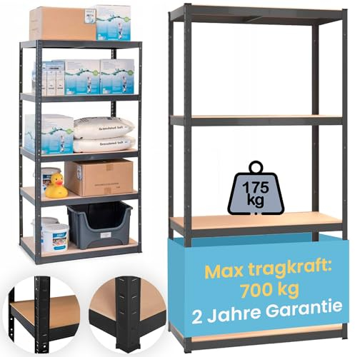 SMART REGALY - Industrial Regal 150cm hoch - Bücherregal 70 cm breit - Schwerlastregal 30 cm tief - Lastregal 175kg - Standregal schwarz - Metall Büroregal MDF Platte - Keller Organizer