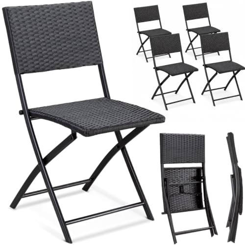 CASARIA® Rome Poly Rattan Folding Garden Chairs 4 Piece Set | Outdoor Patio Furniture | Foldable Balcony Terrace Camping Beach Bistro Conservatory Kitchen Seating | Black