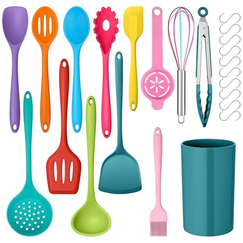 Onader 24 Pcs Kitchen Utensils Set, Silicone Cooking Utensils with 10 Hooks, Heat Proof Kitchen Tools Include Spatula Spoon Turner Tong for Non-Stick Cookware, Multicolor