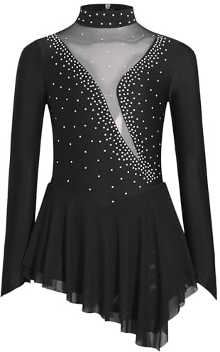 Yihuimin Enfant Fille Robe Patinage Artistique Manche Longue Justaucorps Danse Patin à Glace Ballet Strass Tenue de Spectacle
