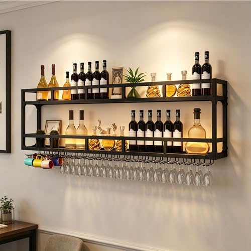 Portabottiglie Porta Bottiglie di Vino da Parete con Portabicchieri Cantinetta Vino con Luce Scaffale da Parete Mensole Cucina Angolo Bar per Casa Mobile Bar per Cucina Sala da Pranzo Bar(Black,2 LAYE