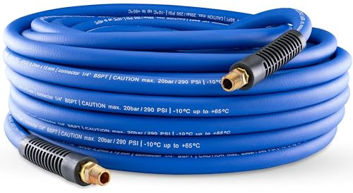 Poppstar Manguera para aire comprimido de PVC híbrido 50 m, diámetro interior 9,2 mm, boquilla de latón 1/4, 20 bar, azul
