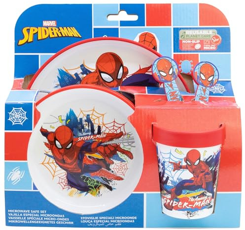 STOR Set de Vaisselle Enfant Spider-Man avec Base Antidérapante, Assiette, Bol, Gobelet 260ml et Couverts, Compatible Micro-ondes, Sans BPA