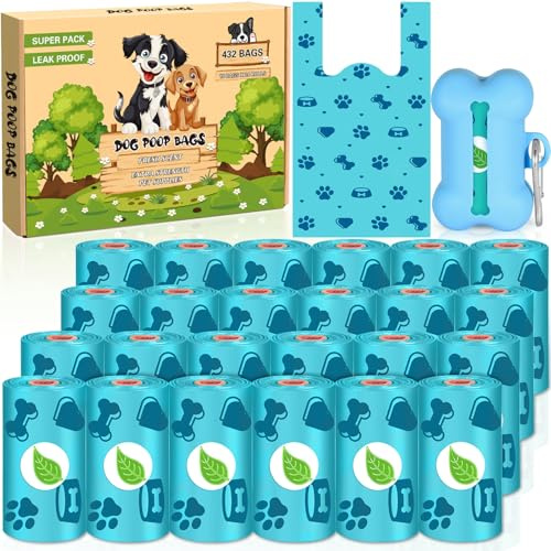 LPAOIS Sacchetti per escrementi per cani, 24 rotoli (432 sacchetti) con dispenser, sacchetti per escrementi biologici, impermeabili, antistrappo, extra grandi, spessi e forti con leggero profumo di
