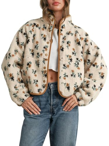 Joiemont Womens Floral Print Fluffy Fleece Jacket Snap Button Winter Teddy Fleece Jacket Casual Faux Fur Outwear(0711-Khaki-XL)