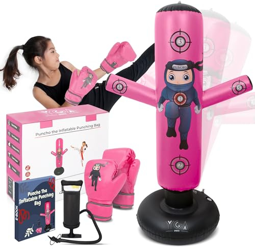 PUNCHO Punching Bag for Kids - 63 Kid Boxing Bag Set & Birthday Gift: Kids Punching Bags 3-8 with Gloves, Pump, PUNCHO eBook - Inflatable Punching Bag for Kid 8-12 with 5 Targets for Speed Boxing