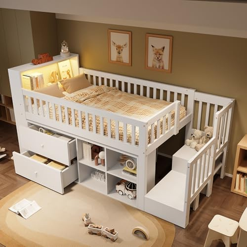 3ft Single Wooden Storage Beds With Storage Compartments & 2 Drawers & LED Lighting, Solid Pine Wood Cabin Bed Frame, Mid-Sleeper Loft Bed with Stairs and Guard Rail, For Kids Children Teens, White