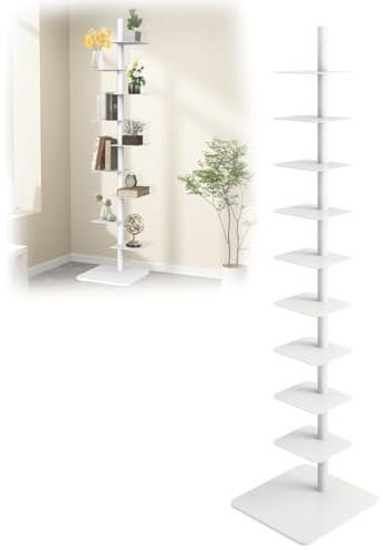 Estantería de metal de 9 niveles, torre vertical ajustable para libros, estante de almacenamiento de esquina multiusos que ahorra espacio, montaje sin herramientas