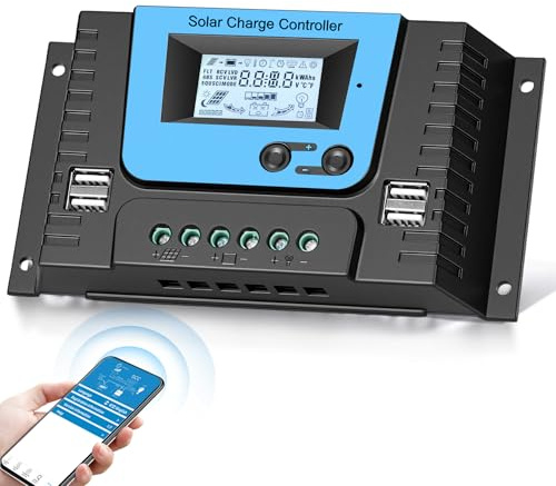 20A Controlador de Carga Solar 12V 24V Con Bluetooth, PWM 20A Regulador Carga Solar con Sensor Ttemperatura LCD Pantalla, 4×USB puerto, Apto muchos 12V 24V plomo ácido y litio Baterías