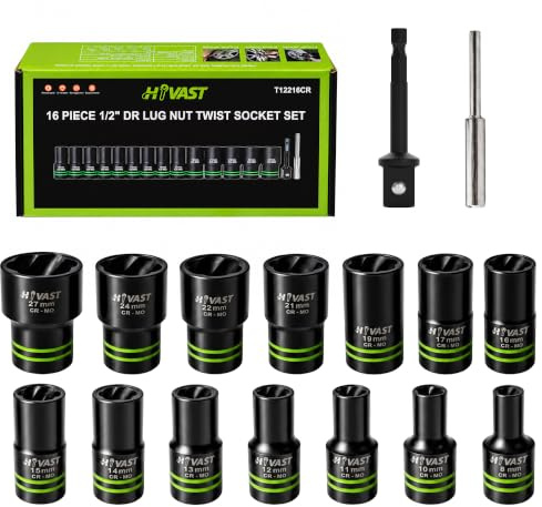 HYVAST 16PCS 1/2 Drive Lug Nut Removal Tool, CR-MO Steel | impact twist socket set, bolt extractor set for removing damaged, rounded, frozen, rusted & stripped bolts, nuts and screws